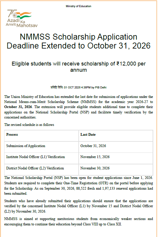 NMMSS Scholarship 2026: छात्रों के लिए बड़ी राहत, आवेदन की तारीख 31 अक्टूबर तक बढ़ी 2 Screenshot 2026 10 03 151257