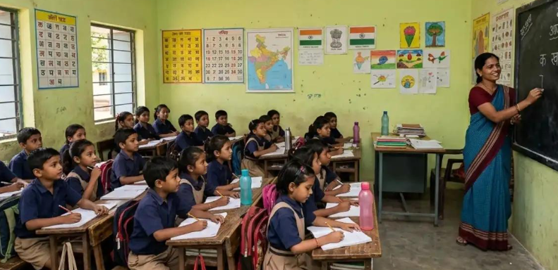 उत्तर प्रदेश के सरकारी प्राथमिक विद्यालय की कक्षा में पढ़ते बच्चे