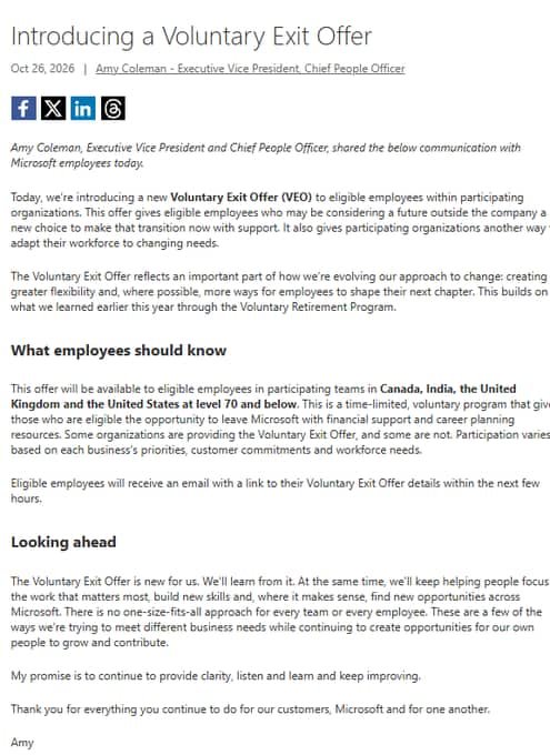 Microsoft Voluntary Exit Offer: भारत समेत 4 देशों में 60 हजार कर्मचारियों को नौकरी छोड़ने का विकल्प 2 oruic0vc microsoft voluntary exit offer amy coleman microsoft
